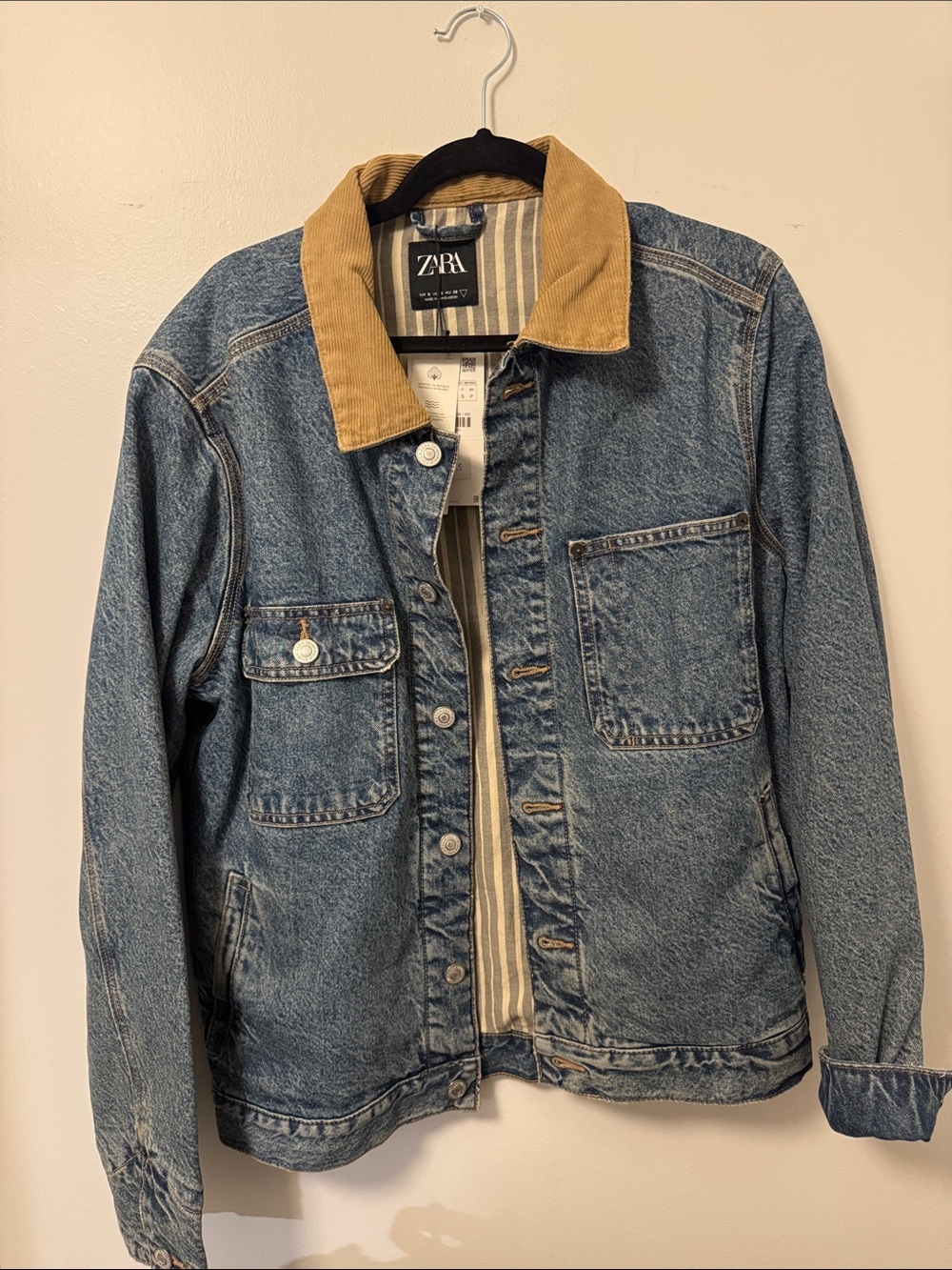 NWT ZARA Blue Denim Jacket with Tan Corduroy Collar Small
